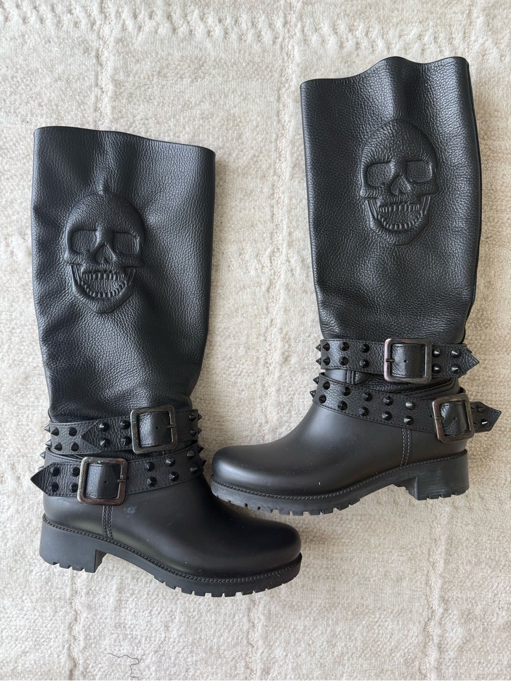 Philipp Plein Skull Studded Tall Biker Rain Boots Black Leather Rubber